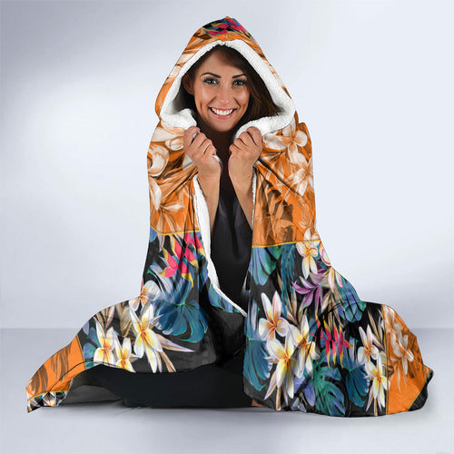 Wests Tigers Hooded Blanket Tropical Hibiscus Floral Pattern With Orange And Black Accents