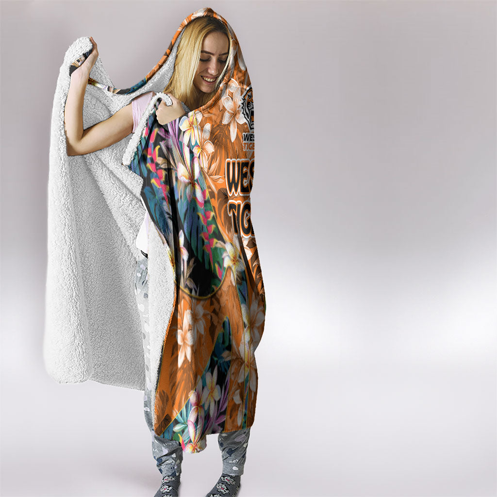 Wests Tigers Hooded Blanket Tropical Hibiscus Floral Pattern With Orange And Black Accents