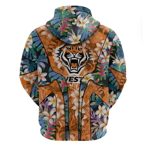 Wests Tigers Hoodie Tropical Hibiscus Floral Pattern With Orange And Black Accents