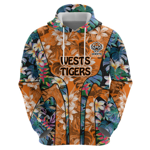 Wests Tigers Hoodie Tropical Hibiscus Floral Pattern With Orange And Black Accents