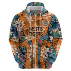Wests Tigers Hoodie Tropical Hibiscus Floral Pattern With Orange And Black Accents