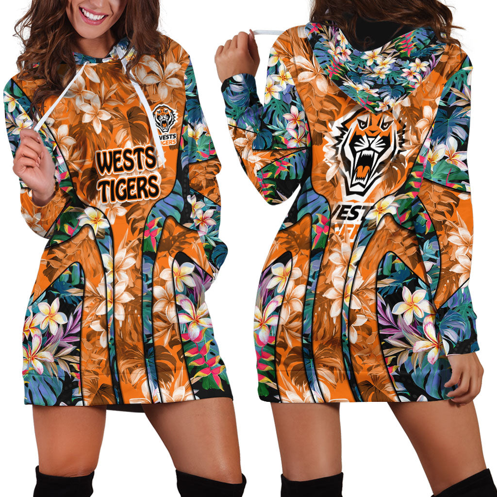 Wests Tigers Hoodie Dress Tropical Hibiscus Floral Pattern With Orange And Black Accents