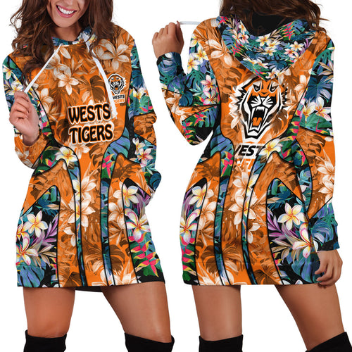 Wests Tigers Hoodie Dress Tropical Hibiscus Floral Pattern With Orange And Black Accents