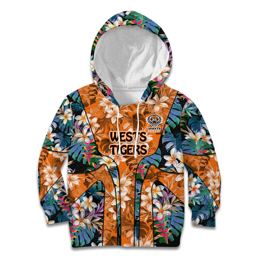 Wests Tigers Kid Hoodie Tropical Hibiscus Floral Pattern With Orange And Black Accents