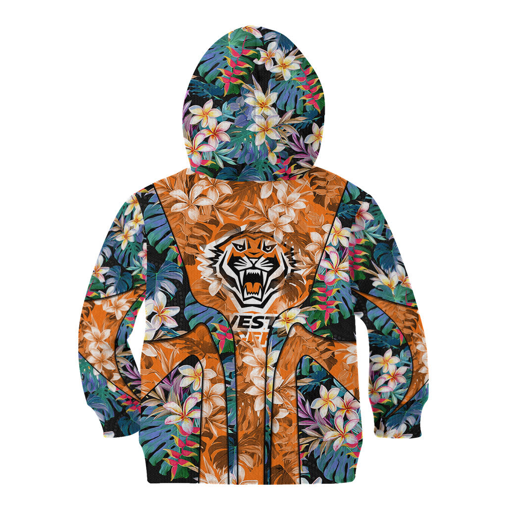 Wests Tigers Kid Hoodie Tropical Hibiscus Floral Pattern With Orange And Black Accents