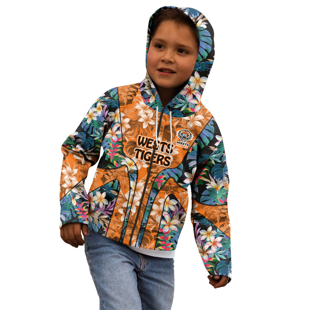 Wests Tigers Kid Hoodie Tropical Hibiscus Floral Pattern With Orange And Black Accents