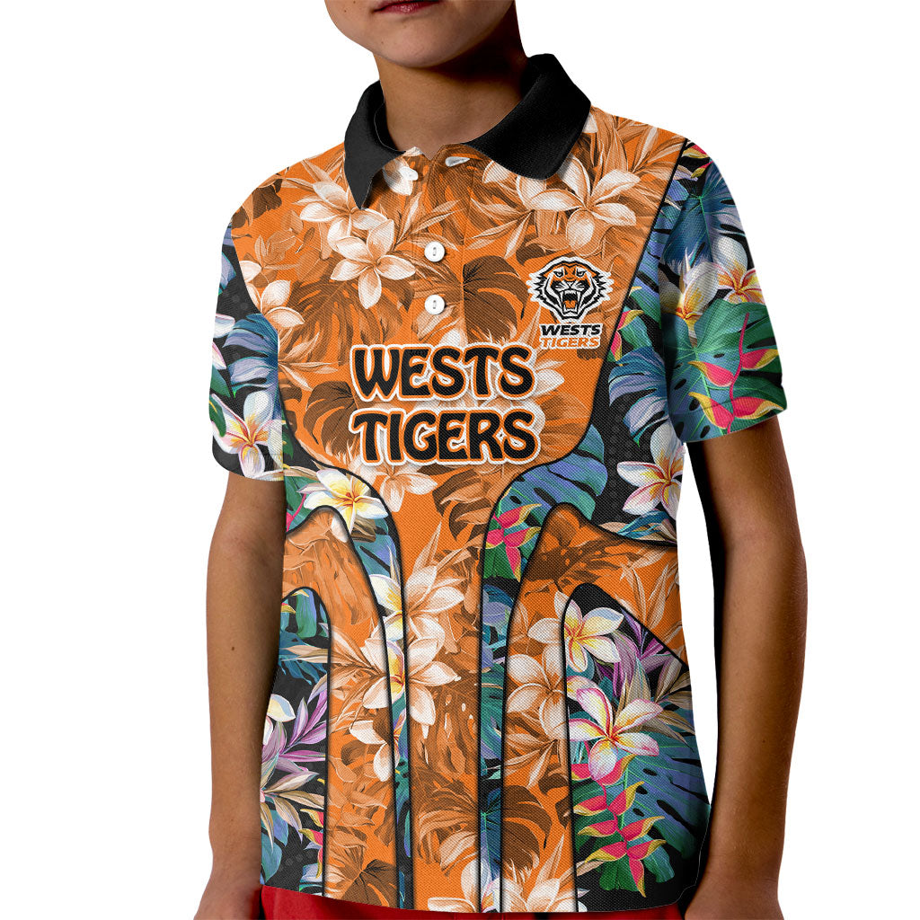 Wests Tigers Kid Polo Shirt Tropical Hibiscus Floral Pattern With Orange And Black Accents