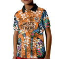 Wests Tigers Kid Polo Shirt Tropical Hibiscus Floral Pattern With Orange And Black Accents