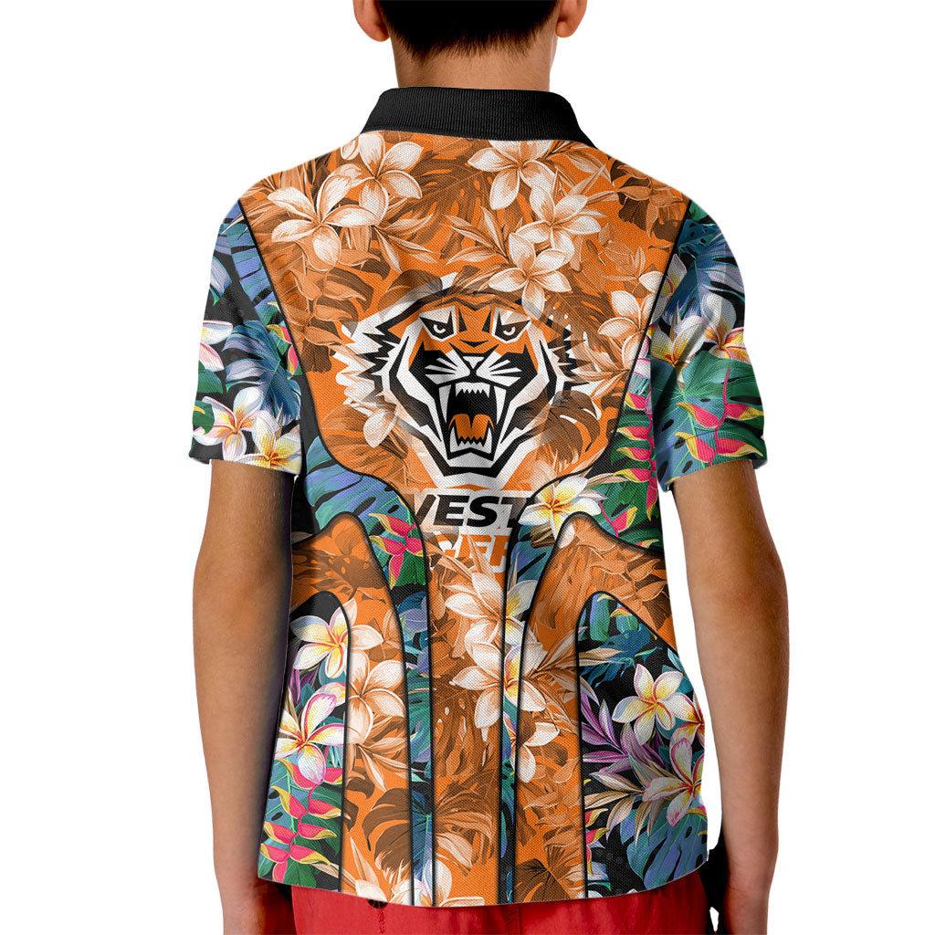 Wests Tigers Kid Polo Shirt Tropical Hibiscus Floral Pattern With Orange And Black Accents