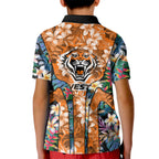 Wests Tigers Kid Polo Shirt Tropical Hibiscus Floral Pattern With Orange And Black Accents