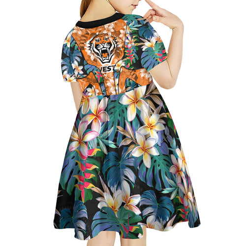 Wests Tigers Kid Short Sleeve Dress Tropical Hibiscus Floral Pattern With Orange And Black Accents