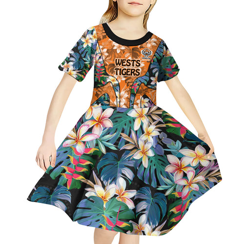 Wests Tigers Kid Short Sleeve Dress Tropical Hibiscus Floral Pattern With Orange And Black Accents