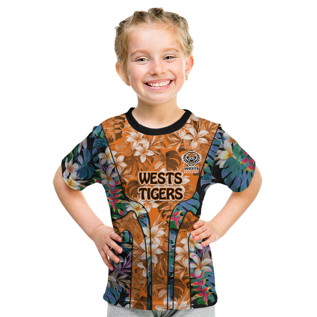 Wests Tigers Kid T Shirt Tropical Hibiscus Floral Pattern With Orange And Black Accents