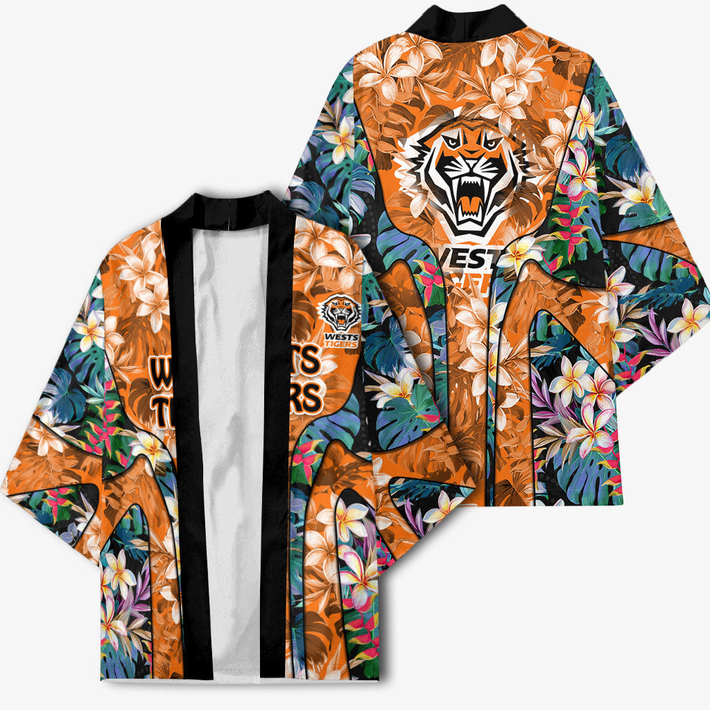 Wests Tigers Kimono Tropical Hibiscus Floral Pattern With Orange And Black Accents