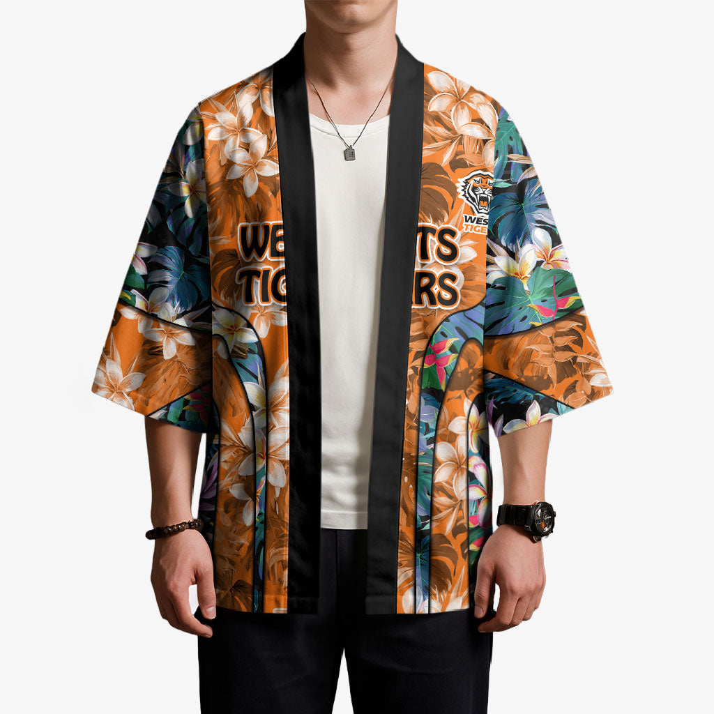 Wests Tigers Kimono Tropical Hibiscus Floral Pattern With Orange And Black Accents
