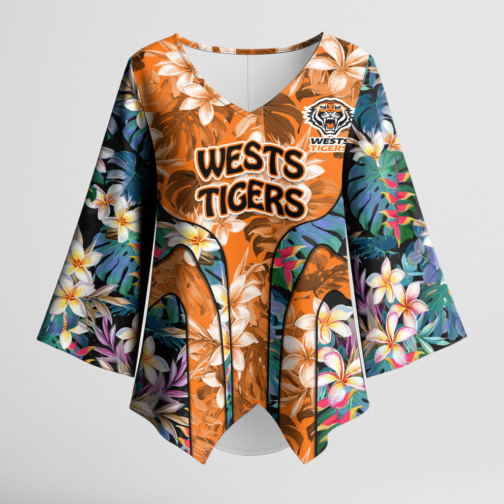 Wests Tigers Kimono Sleeve Blouse Tropical Hibiscus Floral Pattern With Orange And Black Accents