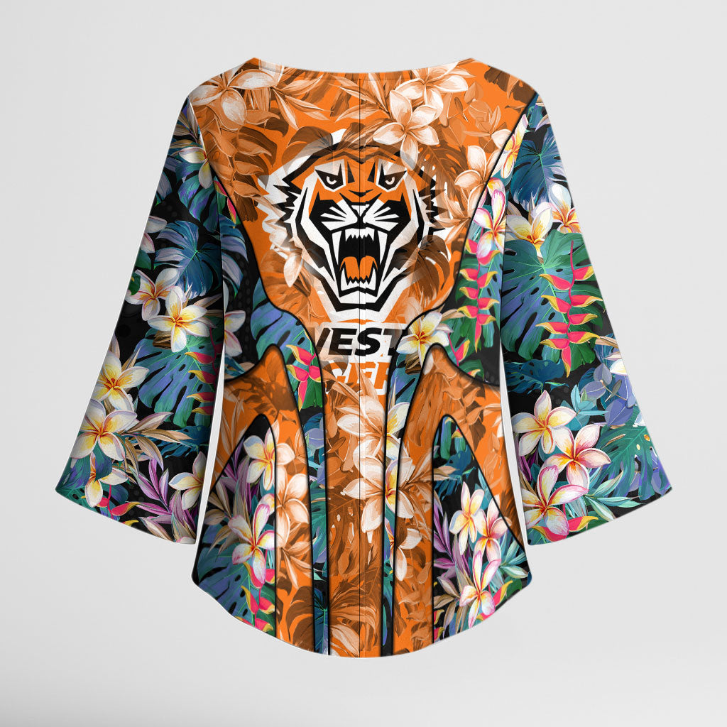 Wests Tigers Kimono Sleeve Blouse Tropical Hibiscus Floral Pattern With Orange And Black Accents