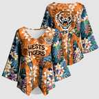 Wests Tigers Kimono Sleeve Blouse Tropical Hibiscus Floral Pattern With Orange And Black Accents
