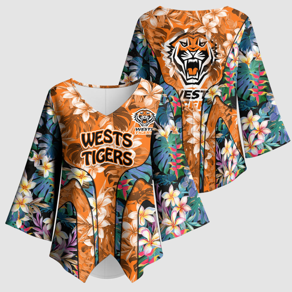 Wests Tigers Kimono Sleeve Blouse Tropical Hibiscus Floral Pattern With Orange And Black Accents