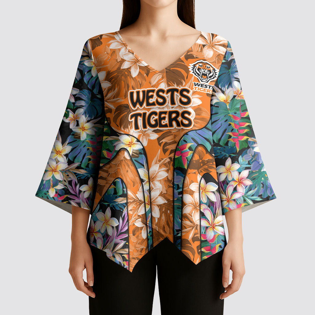 Wests Tigers Kimono Sleeve Blouse Tropical Hibiscus Floral Pattern With Orange And Black Accents
