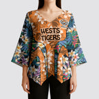 Wests Tigers Kimono Sleeve Blouse Tropical Hibiscus Floral Pattern With Orange And Black Accents