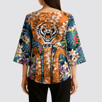 Wests Tigers Kimono Sleeve Blouse Tropical Hibiscus Floral Pattern With Orange And Black Accents