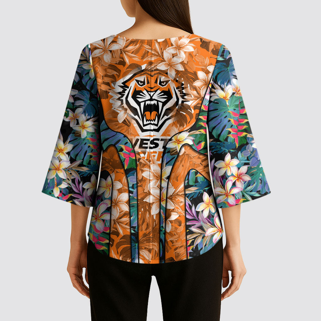 Wests Tigers Kimono Sleeve Blouse Tropical Hibiscus Floral Pattern With Orange And Black Accents