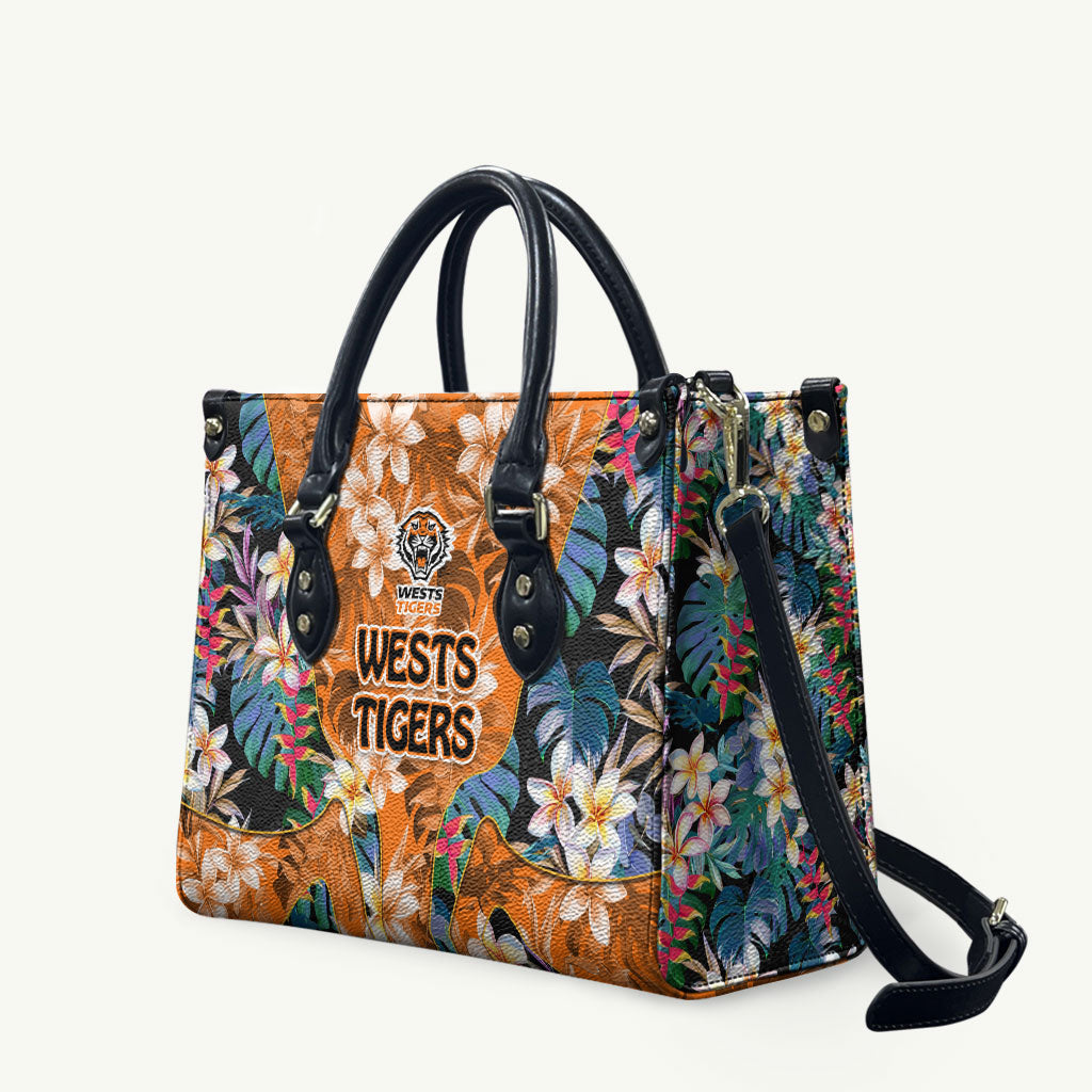 Wests Tigers Leather Bag Tropical Hibiscus Floral Pattern With Orange And Black Accents
