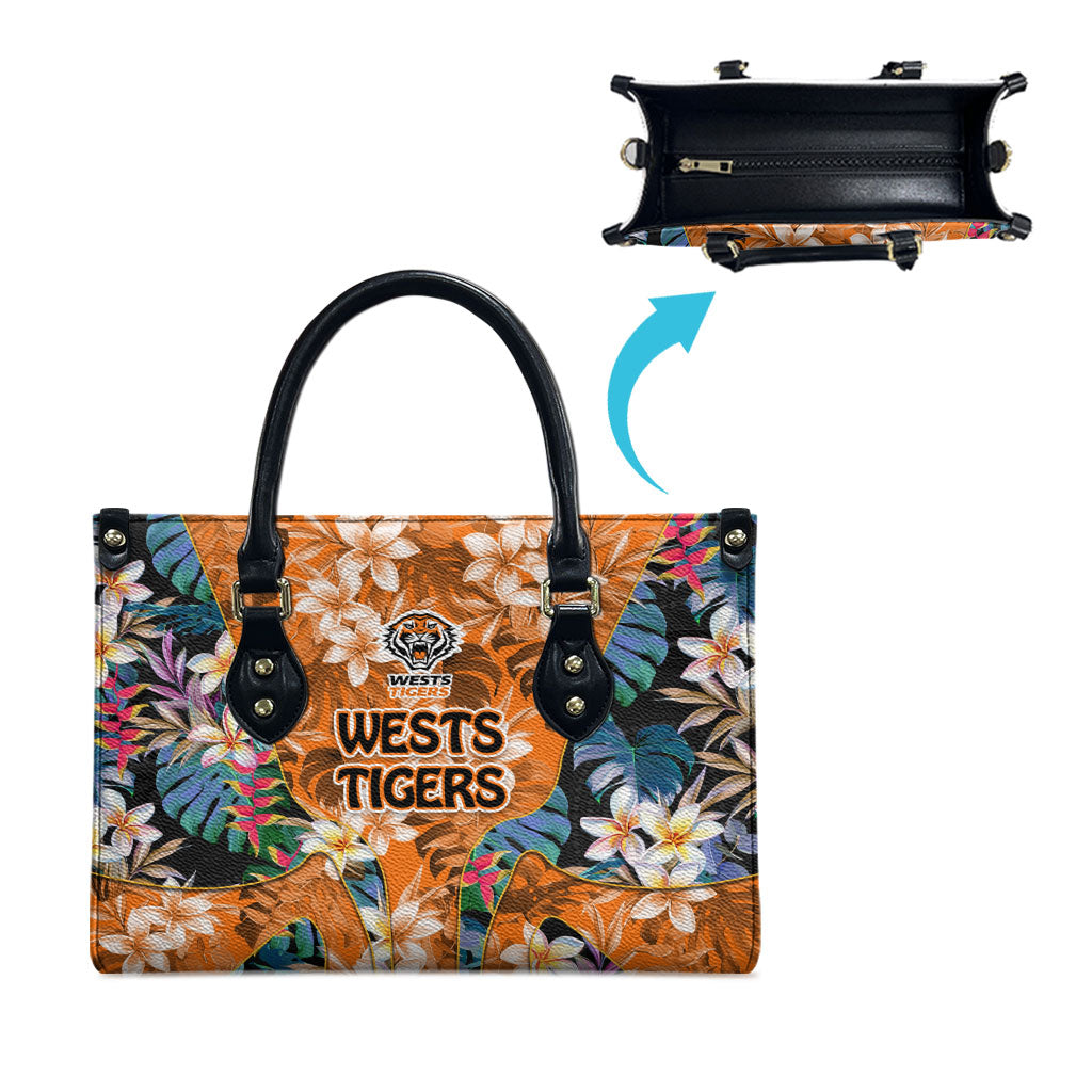 Wests Tigers Leather Bag Tropical Hibiscus Floral Pattern With Orange And Black Accents