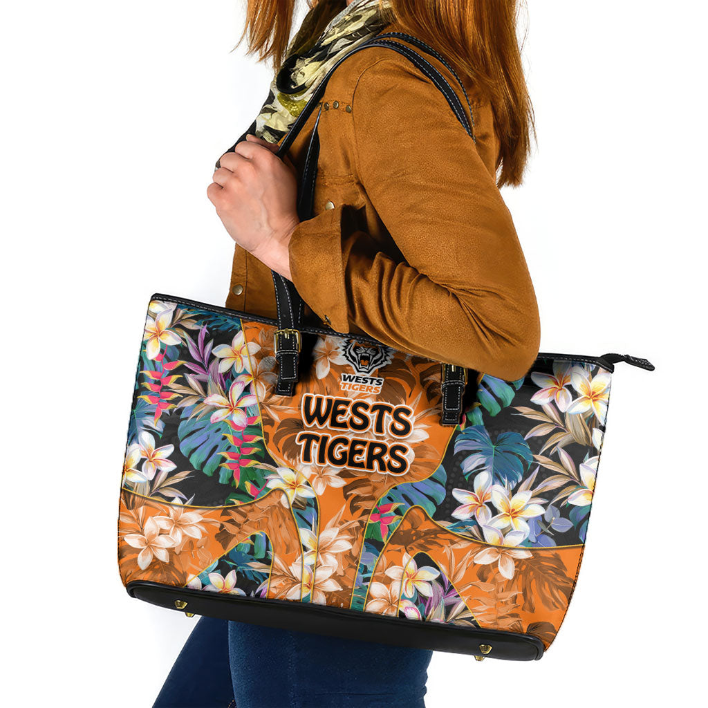 Wests Tigers Leather Tote Bag Tropical Hibiscus Floral Pattern With Orange And Black Accents