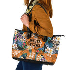 Wests Tigers Leather Tote Bag Tropical Hibiscus Floral Pattern With Orange And Black Accents