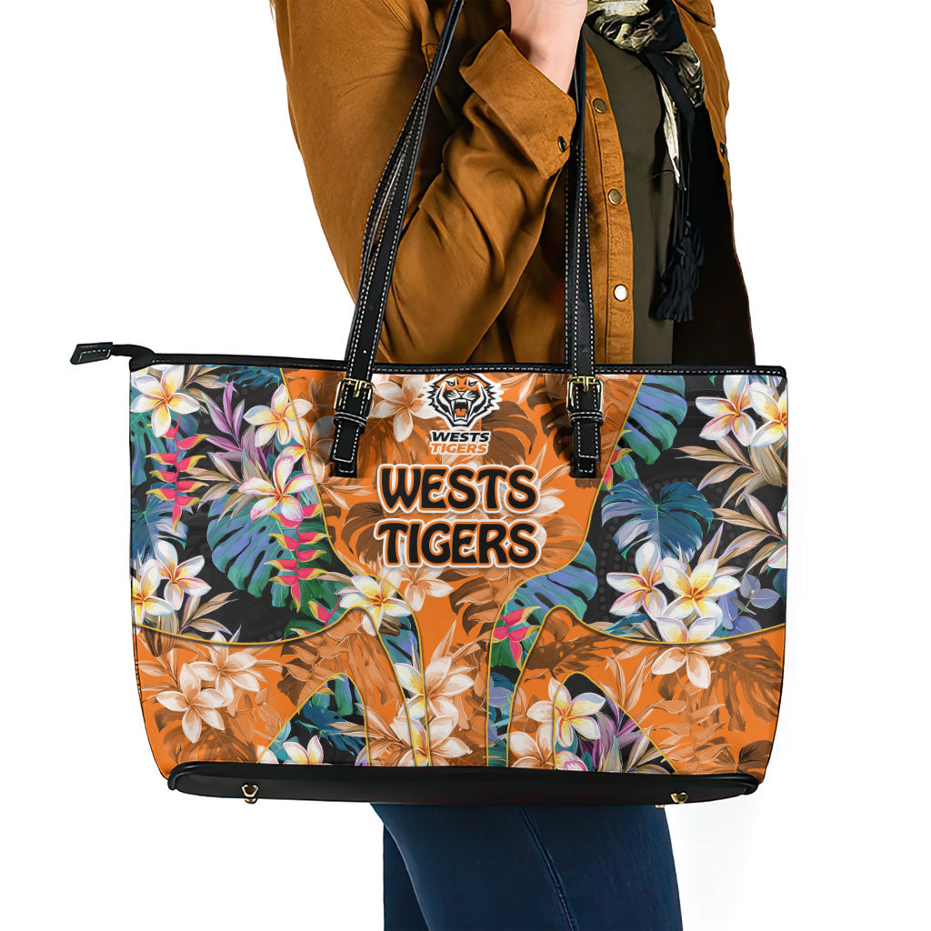 Wests Tigers Leather Tote Bag Tropical Hibiscus Floral Pattern With Orange And Black Accents
