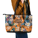 Wests Tigers Leather Tote Bag Tropical Hibiscus Floral Pattern With Orange And Black Accents