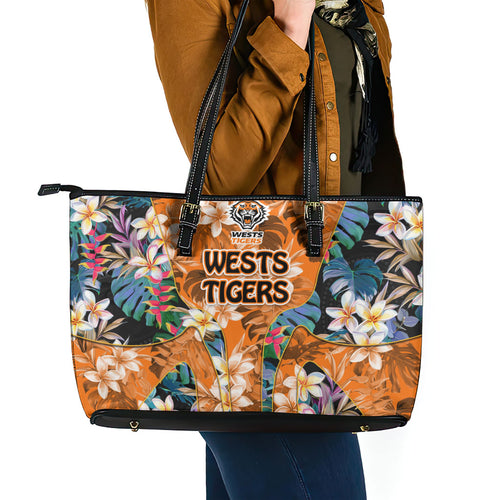 Wests Tigers Leather Tote Bag Tropical Hibiscus Floral Pattern With Orange And Black Accents