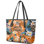 Wests Tigers Leather Tote Bag Tropical Hibiscus Floral Pattern With Orange And Black Accents