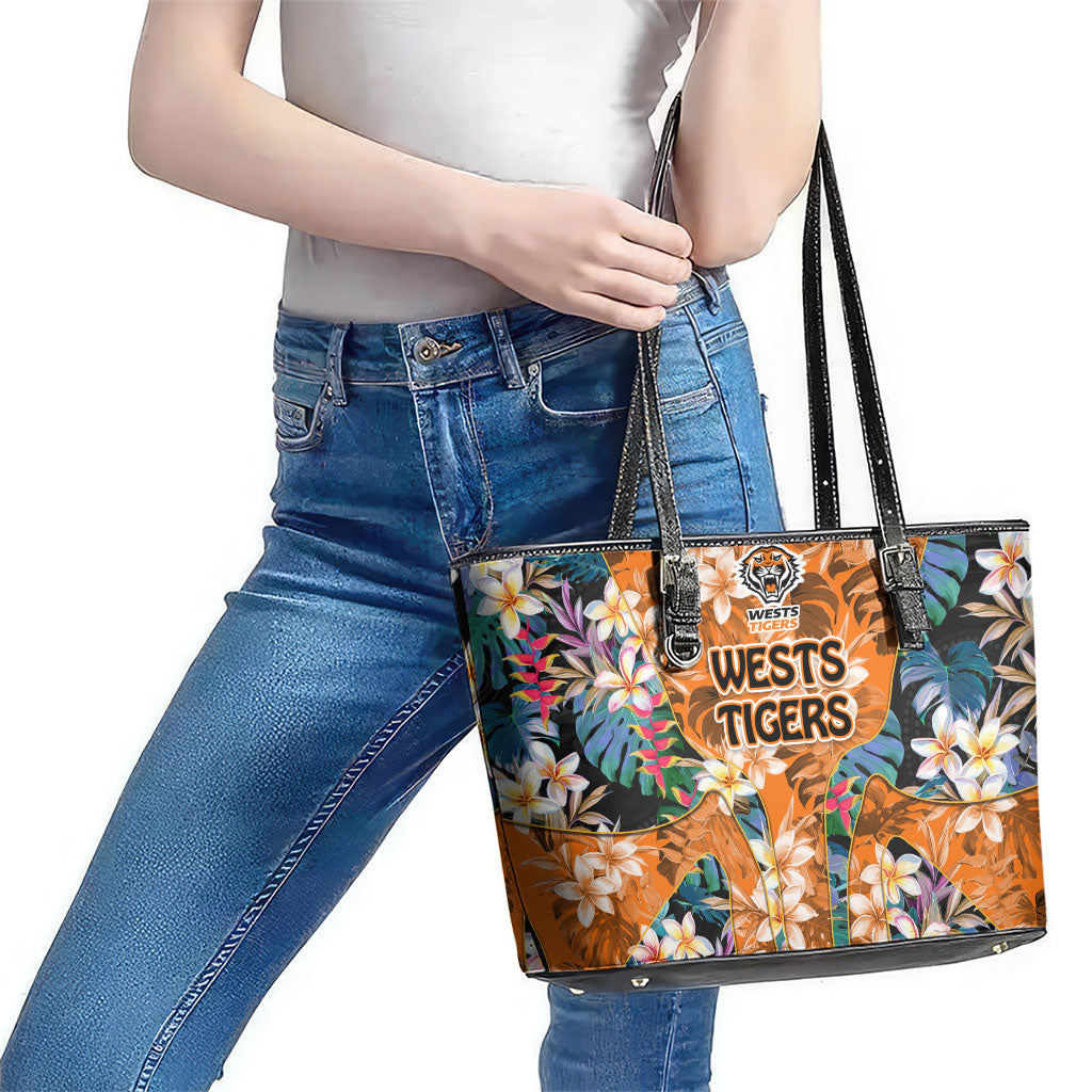 Wests Tigers Leather Tote Bag Tropical Hibiscus Floral Pattern With Orange And Black Accents