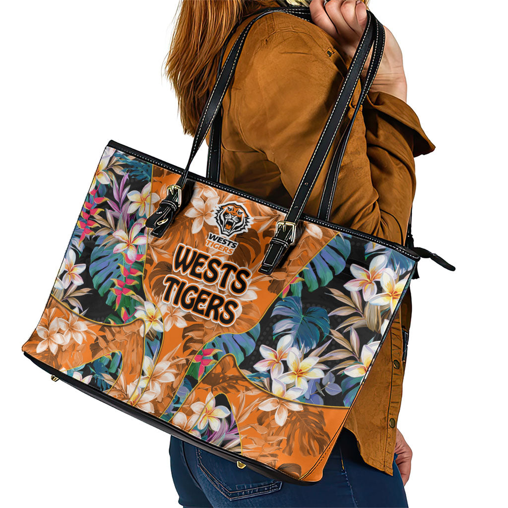 Wests Tigers Leather Tote Bag Tropical Hibiscus Floral Pattern With Orange And Black Accents