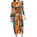 Wests Tigers Long Sleeve Bodycon Dress Tropical Hibiscus Floral Pattern With Orange And Black Accents