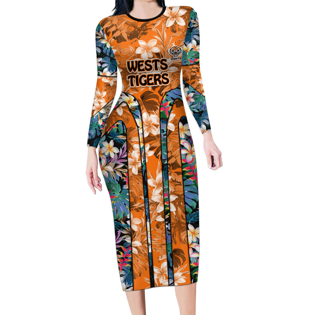 Wests Tigers Long Sleeve Bodycon Dress Tropical Hibiscus Floral Pattern With Orange And Black Accents