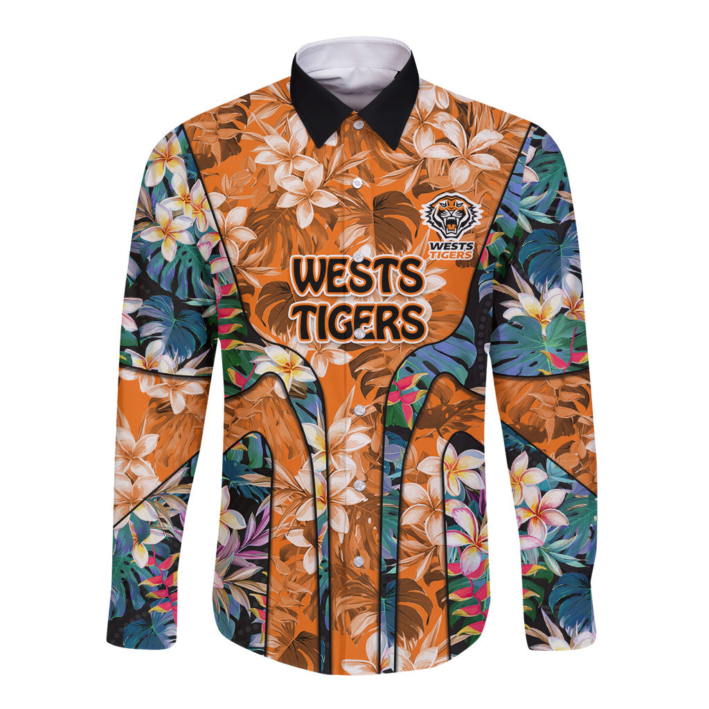 Wests Tigers Long Sleeve Button Shirt Tropical Hibiscus Floral Pattern With Orange And Black Accents