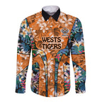 Wests Tigers Long Sleeve Button Shirt Tropical Hibiscus Floral Pattern With Orange And Black Accents