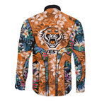 Wests Tigers Long Sleeve Button Shirt Tropical Hibiscus Floral Pattern With Orange And Black Accents