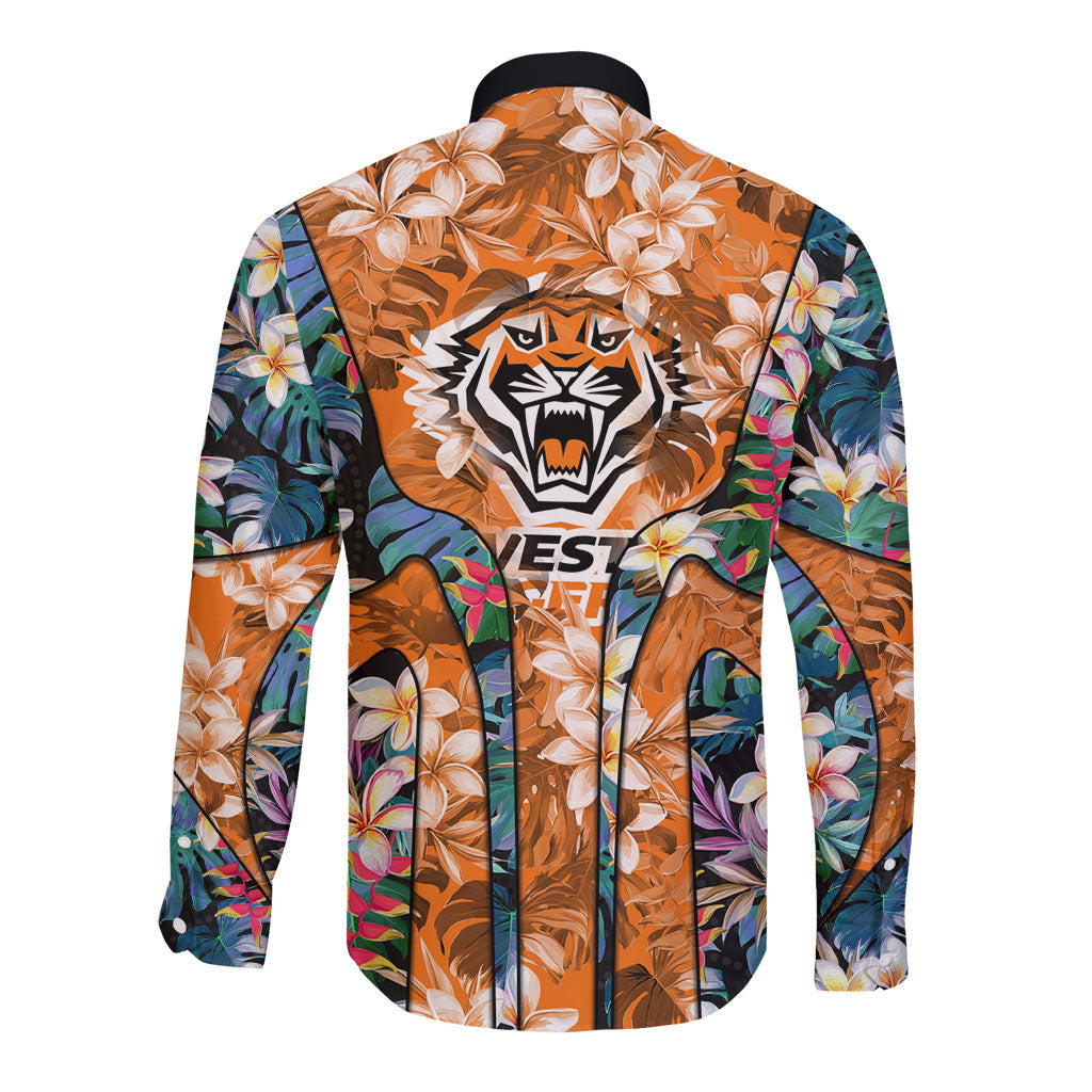 Wests Tigers Long Sleeve Button Shirt Tropical Hibiscus Floral Pattern With Orange And Black Accents