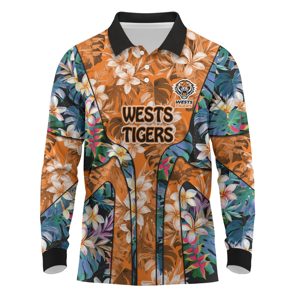 Wests Tigers Long Sleeve Polo Shirt Tropical Hibiscus Floral Pattern With Orange And Black Accents