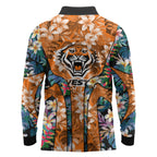 Wests Tigers Long Sleeve Polo Shirt Tropical Hibiscus Floral Pattern With Orange And Black Accents