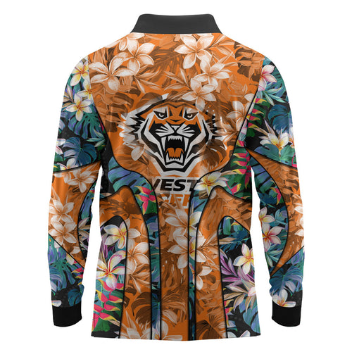 Wests Tigers Long Sleeve Polo Shirt Tropical Hibiscus Floral Pattern With Orange And Black Accents