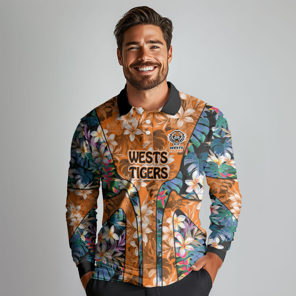 Wests Tigers Long Sleeve Polo Shirt Tropical Hibiscus Floral Pattern With Orange And Black Accents
