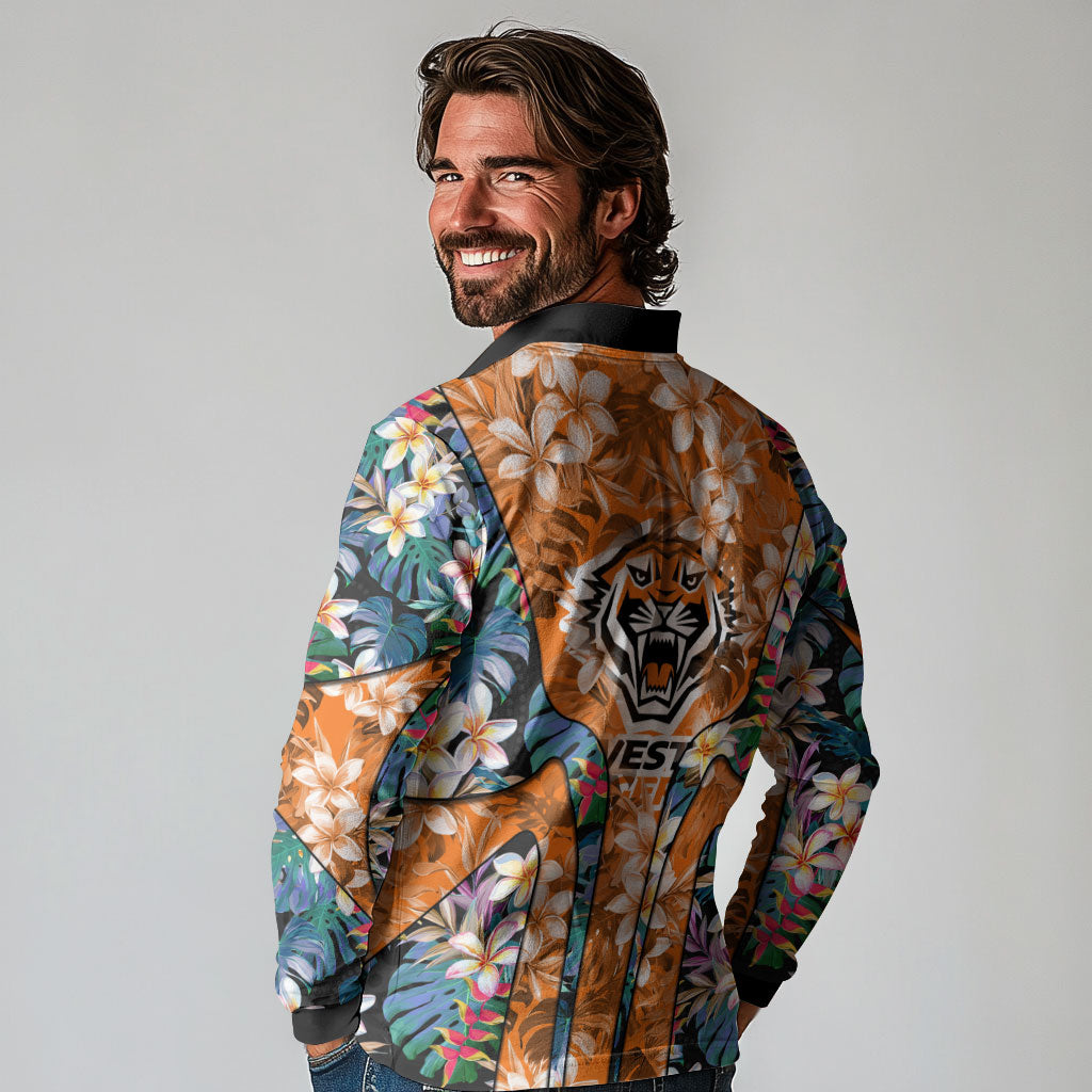 Wests Tigers Long Sleeve Polo Shirt Tropical Hibiscus Floral Pattern With Orange And Black Accents