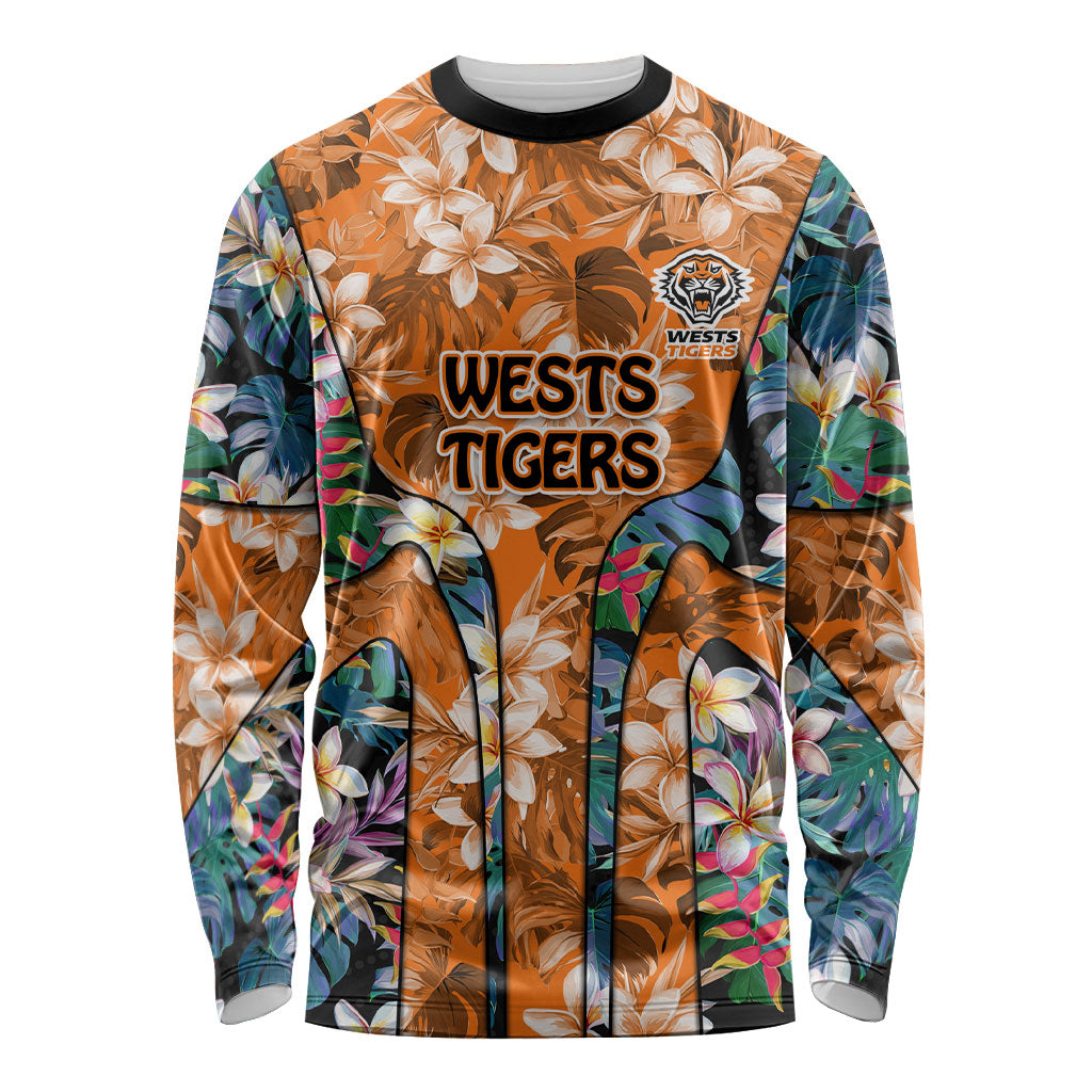 Wests Tigers Long Sleeve Shirt Tropical Hibiscus Floral Pattern With Orange And Black Accents