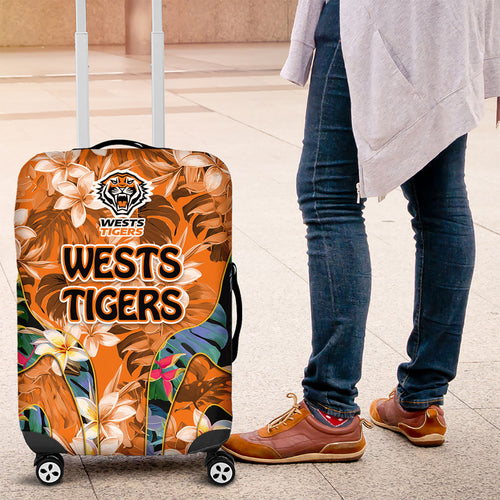 Wests Tigers Luggage Cover Tropical Hibiscus Floral Pattern With Orange And Black Accents